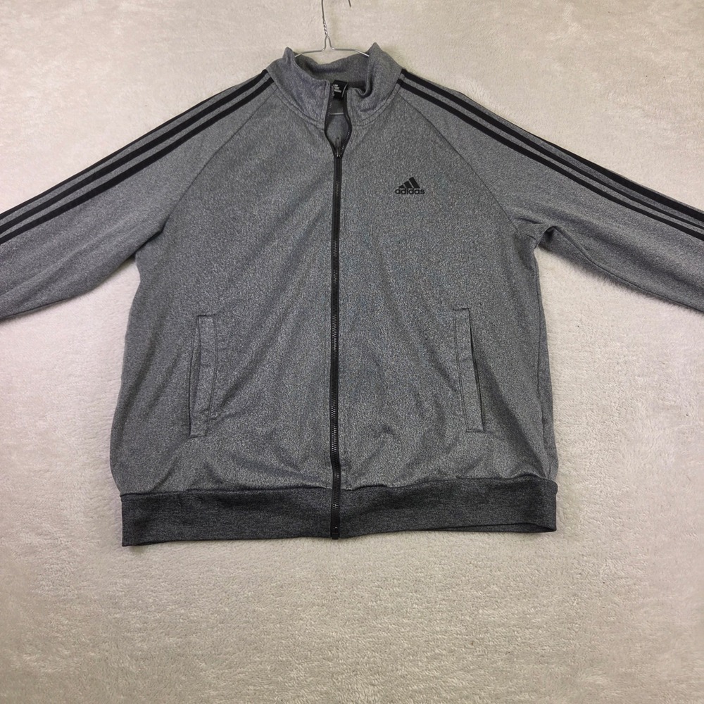 Adidas Mens Gray Heathered 3-Stripe Full Zip Track Jacket Large